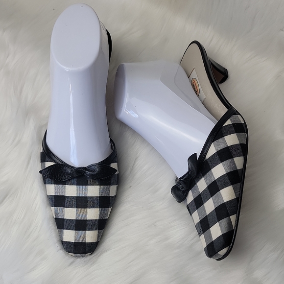 Talbots Shoes - TALBOTS Black Cream Gingham Checkered Preppy Cottage Bow Kitten Heel Mules 9.5